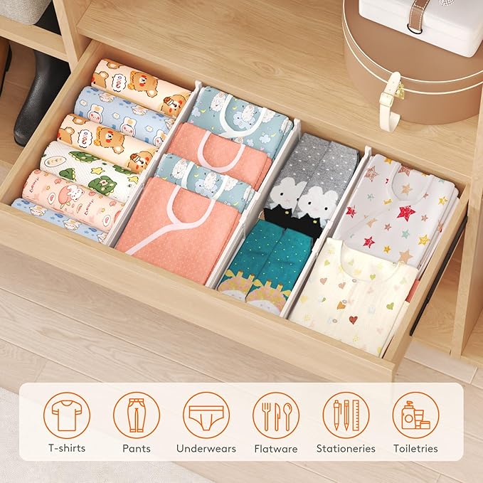 Lifewit 5 Pack Drawer Dividers for Clothes, 4" High 13.8"-22.2" Expandable Dresser Drawer Organizers, Adjustable White Plastic Separators for Kitchen, Cabinet, Nursery, Socks & Underwear Storage