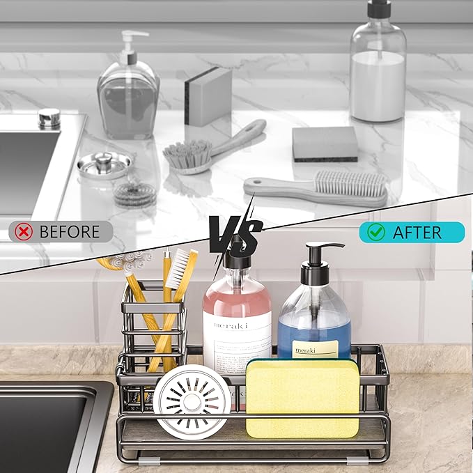 Large Family-Sized Sponge Holder for Kitchen Sink Organizer - Sink Caddy with Instant Drying Stone, Stainless Steel Sponge Holder for Sponges, Scrubbers, Soap, Home Countertop Organizer