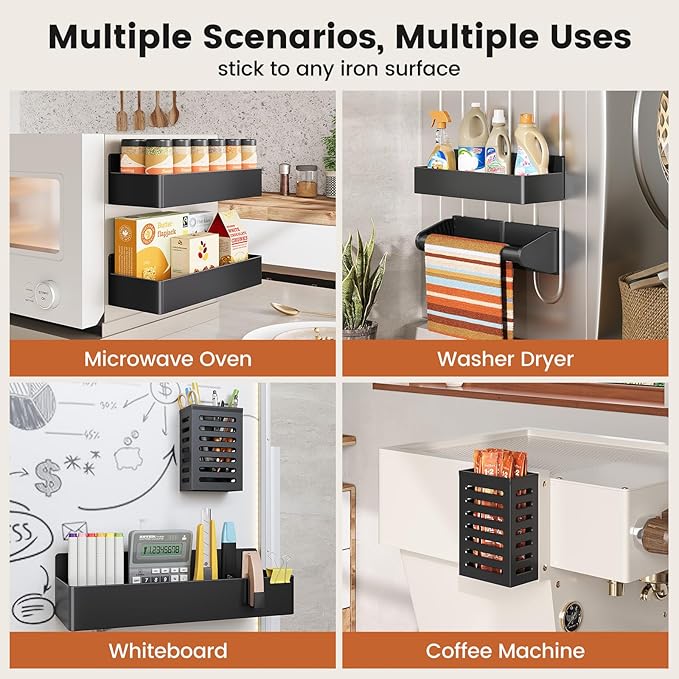 Mystozer Magnetic Spice Rack for Refrigerator,5 Pack Magnetic Shelf,Fridge Magnet Organizer with Paper Towel Holder,Fridge Organizers and Storage Black(5 Pack)