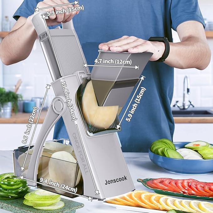 Jonscook All-in-1 Upgraded Safe Mandoline Slicer for Kitchen, with Handheld Spiralizer, Food Chopper with Container, Thickness Adjustable Vegetable Chopper, Potato French Fry Cutter (High-grade Gray)
