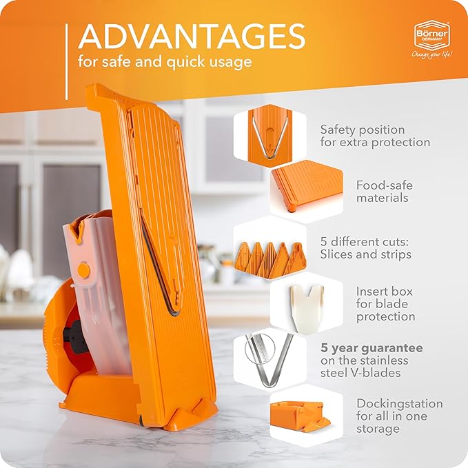 Mandoline Food Slicer Börner V3 (Profi Set) by Reston Lloyd • V-Slicer with 4 Inserts, Docking Station & Food Holder • Made in Germany • Fruit & Vegetable Chopper • Multiple Settings • Color: Orange