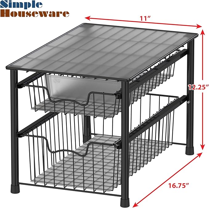 Simple Houseware Stackable Sliding Basket Organizer Drawer, Black, 2-Tier