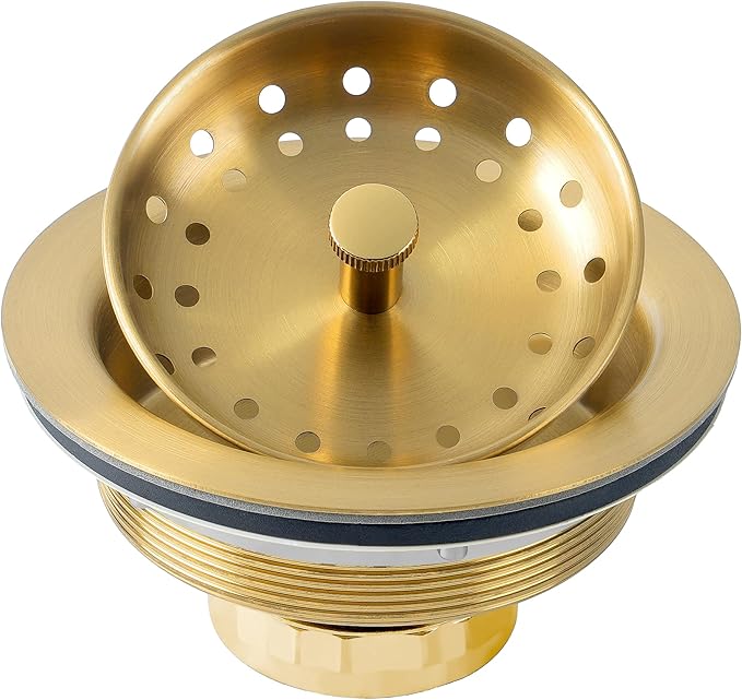LQS Kitchen Sink Drain Assembly, Sink Drain Basket Strainer 304 Stainless Steel with Removable Sink Strainer Basket and Stopper 3-1/2-inches Gold