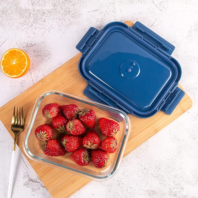 Glass Food Storage Containers 10 Pack, Meal Prep Containers with Snap Locking Lids Airtight Built in Air Vents, Glass Lunch Containers, Microwave/Dishwasher Safe, Navy Blue