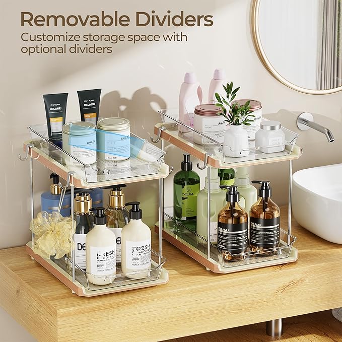 Delamu 2 Tier Under Sink Organizer Bathroom, Bathroom Cabinet Organizer with Snap-Lock Design and Hooks, Pull Out Storage with Movable Dividers, for Countertop, Kitchen and Pantry (White, 2 Pack)