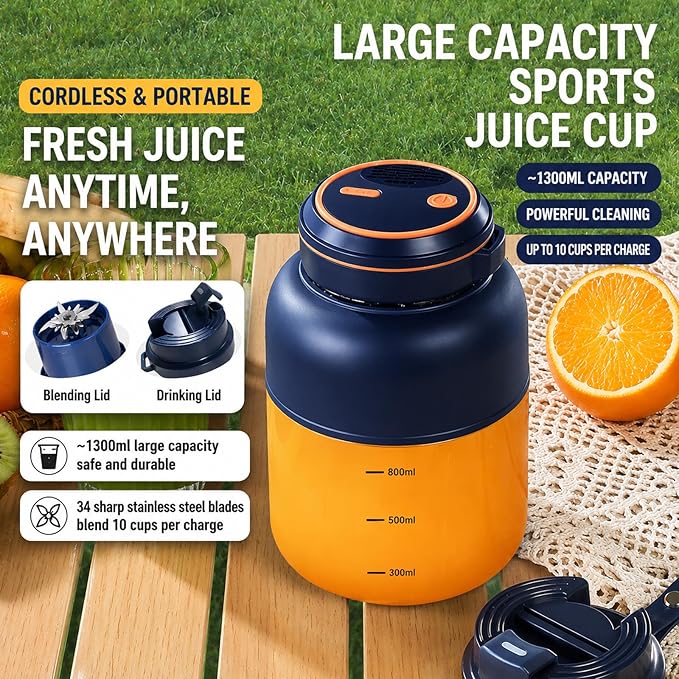 2026 New Portable Wireless Juicer Cup, 1300 ML Large Capacity 38 Blade Wireless Juicers, USB Rechargeable with Dual Lid for Shakes & Smoothies with Zero Cord Hassle for Office Outdoor (White,800ml)