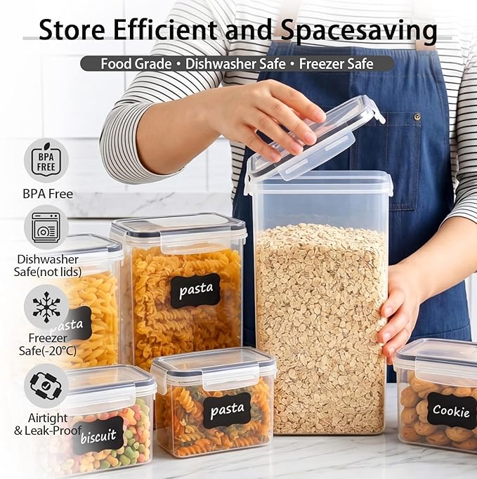 24 PCS Airtight Food Storage Containers with Lids, BPA Free Clear Plastic Kitchen and Pantry Organization and Storage Set for Flour, Sugar, Cereal, Pasta, Includes 24 Labels and Marker
