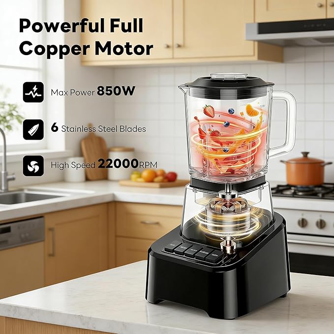 Simple Deluxe Blender for Smoothies, 850W Powerful Countertop Blender for Kitchen, 54oz Large Glass Pitcher, 4 Speeds with Pulse for Ice Crushing, Frozen Fruits, Juicers, Dishwasher Safe, Black