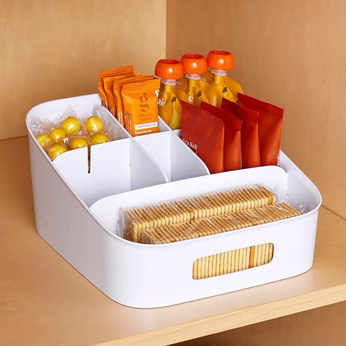 YouCopia ShelfBin Adjustable Snack Bin, BPA-Free Divided Storage Basket for Kitchen Pantry Organization, One Size, Speckled White