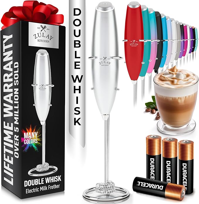 Zulay Kitchen Powerful Milk Frother Wand With Duracell Batteries - Ultra Fast Handheld Drink Mixer - Electric Whisk Foam Maker for Coffee, Lattes, Cappuccino & Matcha - Double Whisk - Silver
