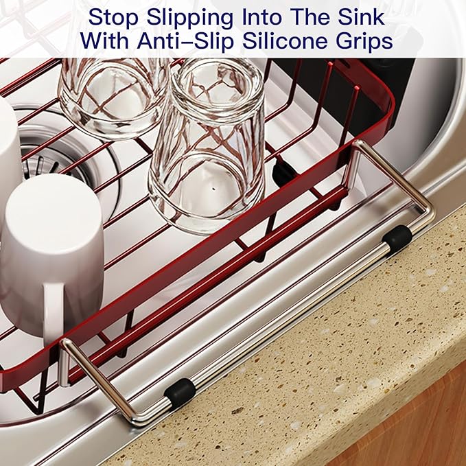 MAJALiS Red Dish Drying Rack Over The Sink, Expandable Stainless Steel Dish Drainer for Small Kitchen Counter Space Saving, RV Compact Plate Strainer in Metal with Hanging Adjustable Utensil Holder