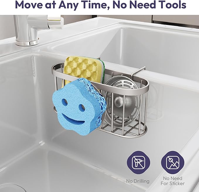 SWTYMIKI Sponge Holder for Kitchen Sink - Movable Sink Caddy with Smiley Face Sponge Holder, Rustproof Hanging Sponge Organizer in Double Bowl Sinks Depth>3.15in, Middle Divider<1.5in, Sand Nickel