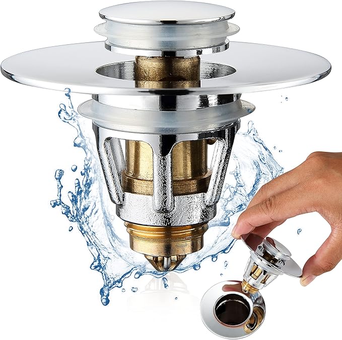Universal Bathroom Sink Stopper - Stainless Steel Bounce Drain Filter, Pop Up Drain Stopper, Bullet Core Push Type Sink Stopper for Wash Basin, Sink Drain Plug with Anti-Clogging Strainer, Chrome