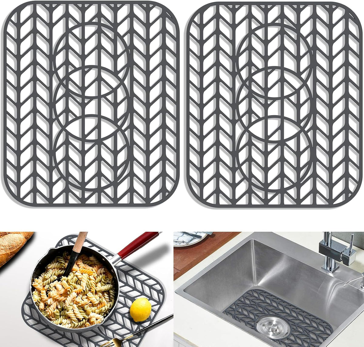Sink Protectors for Kitchen sink, 13 5/8" x 11 5/8" Folding Non-slip Silicone Sink Mat Grid for Bottom of Farmhouse Stainless Steel Porcelain with 3 Reserved Holes Pack of 2