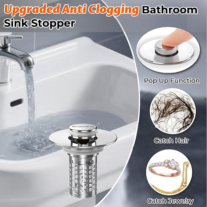 Bathroom Sink Drain Strainer, Stainless Steel Pop-up Strainer Basket Hair Catcher with Removable Basket, Brass Bullet Core, Universal Fit 1.1-2.36 Inch (1PCS)