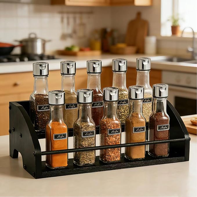 Mini Coffee Syrup Rack – Syrup Bottles Holder for Coffee Bar, Liquor Bottle Display Shelf - Rustic Kitchen Cabinet, Wooden Countertop Organizer for Spirits, Tea, or Coffee (2-Tier)