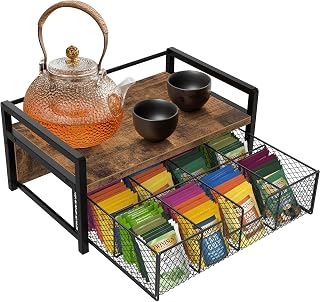 Tea Bag Organizer, Wood Tea Organizers and Storage Chest, Teabag Holder with Storage Drawer,Tea Station Chest Display Container Box for Countertop Kitchen, Rustic Brown