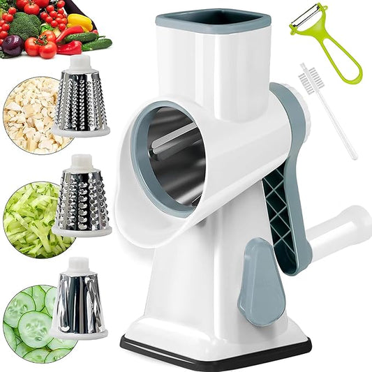 YOUCZON Rotary Cheese Grater Multi-Purpose Stainless Steel Cheese Shredder - Cheese Grater With Handle Effortless Grating of Carrots, Potatoes, Vegetables, and Fruits (White)
