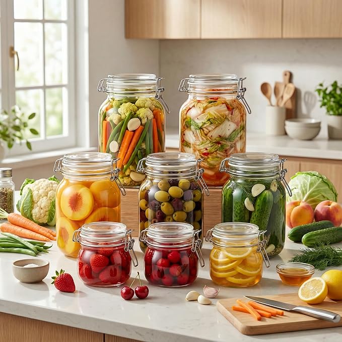 HomArtist Glass Jars with Airtight Lid Set of 6, 17 floz Wide Mouth Mason Jars with Clamp Lids,Glass Sealed Jars with Air Tight Lids, Best for Kitchen & Pantry Food Storage