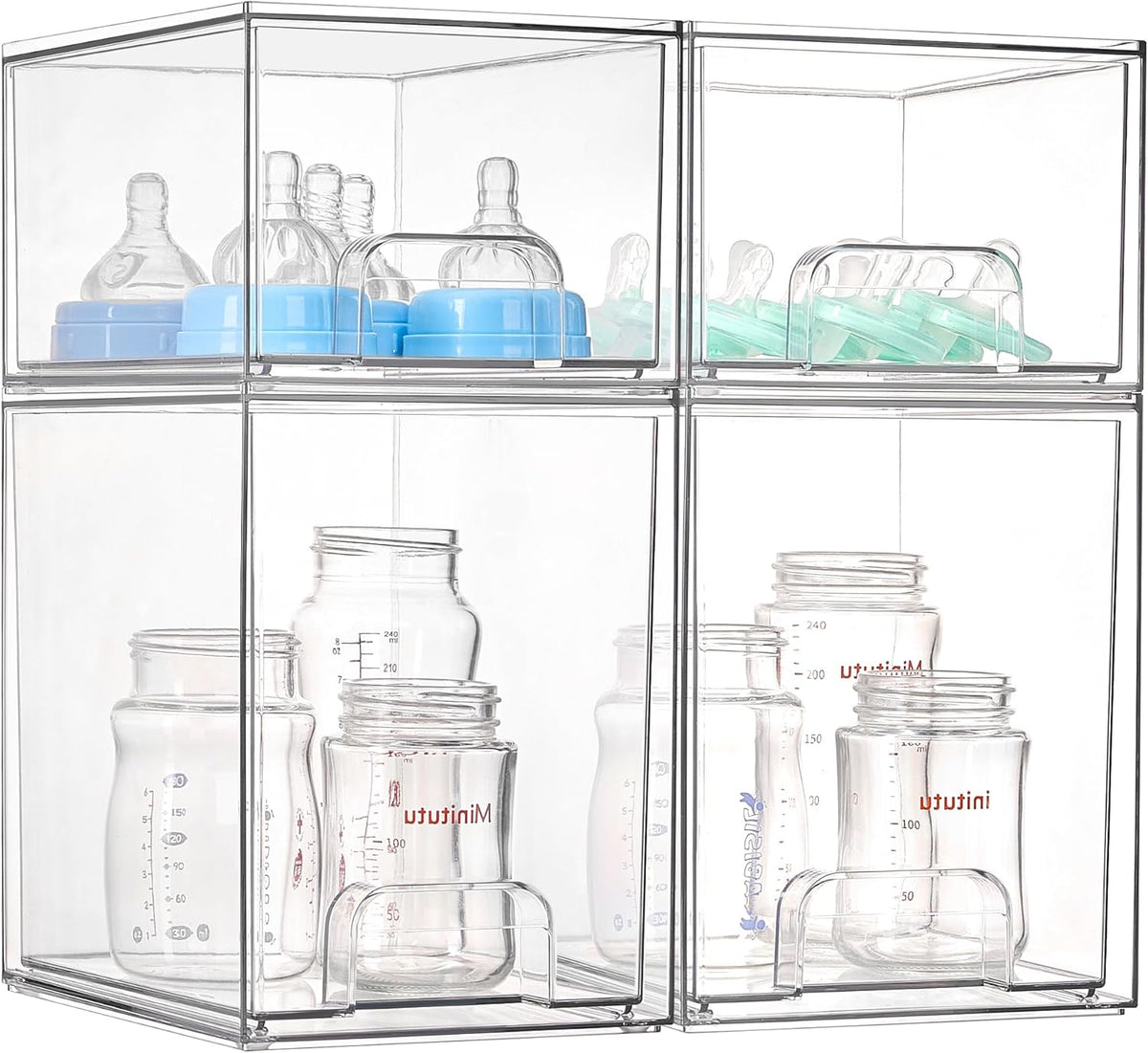 Clear Stackable Storage Drawers Set of 4, Baby Bottle Organizer