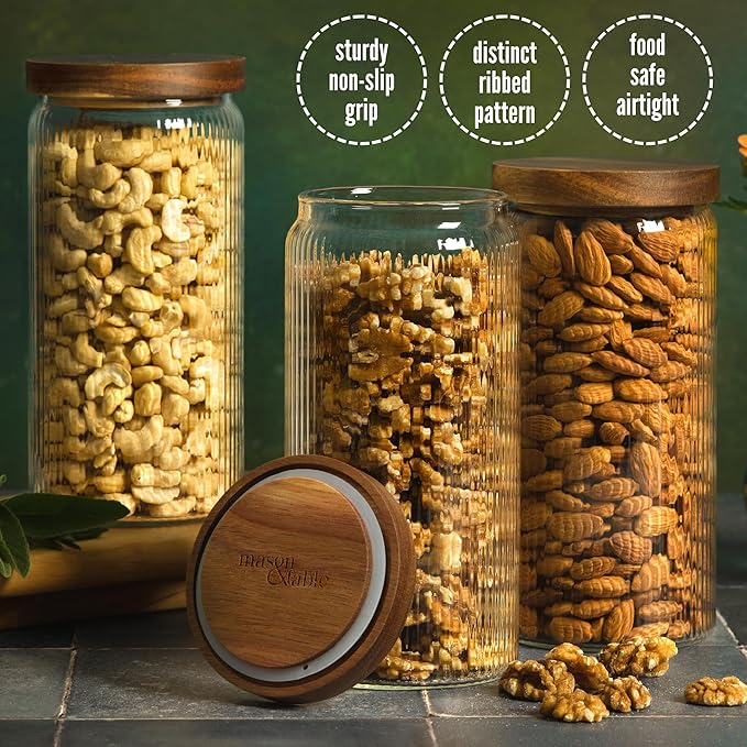 Ribbed Glass Jar with Wooden Lid 16.9oz / 27oz | Airtight Fluted Storage Container for Food, Pasta, Coffee, Candy, Dog Treats, Snacks | Canisters for Home & Kitchen (44 fl.oz / 1300ml -3X)