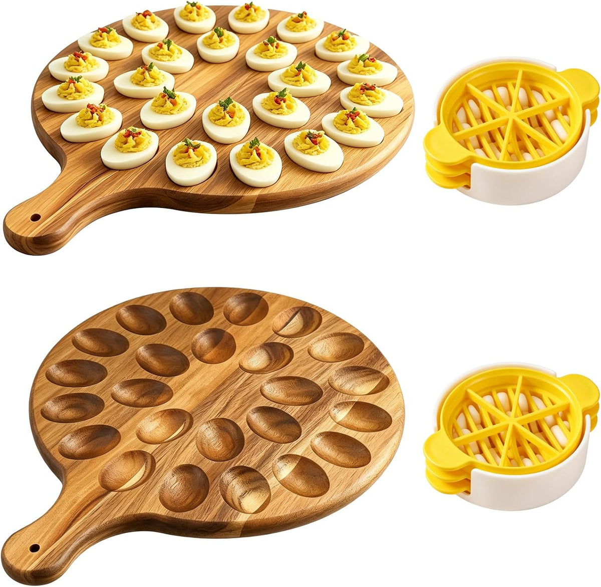 2 Pcs Quality Acacia Wood Egg Holders with Slicers, Sturdy 24 Holes Wooden Deviled Egg Platter with Handle for Refrigerator, Kitchen Counter, Gatherings, Camping & Picnic