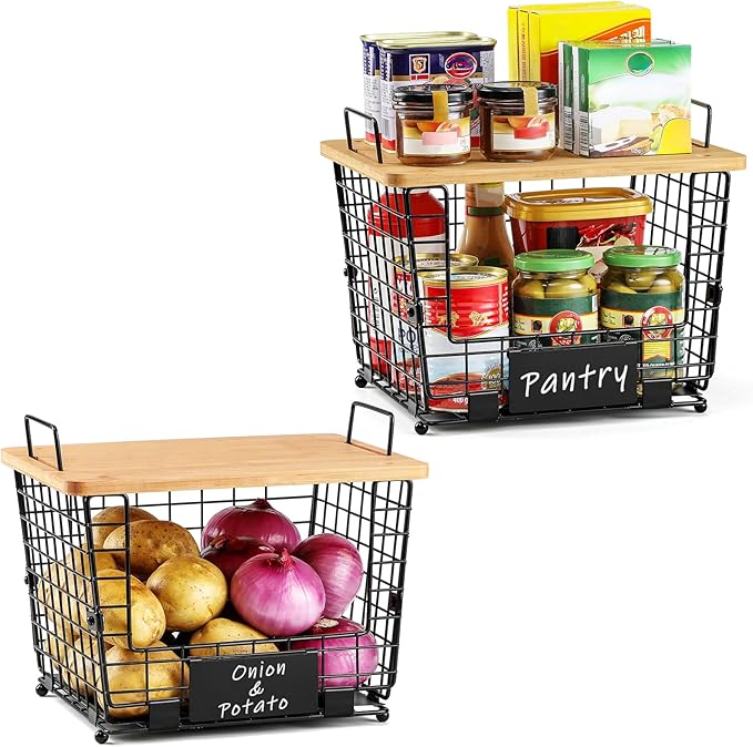 2 Set Large Stackable Wire Basket with Bamboo Tops & Tag- Pantry Organizer