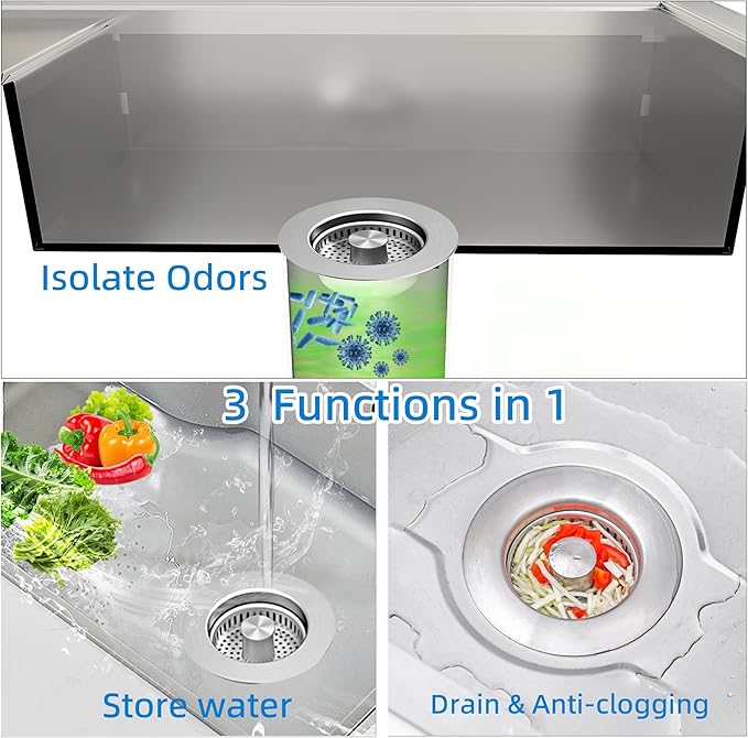 3 in 1 Kitchen Sink Drain Strainer,Pop up Sink Stopper Kitchen Drain, Anti-Clogging Strainer Basket Odor Prevention Plug Stopper for US Standard 3-1/2” Drain (Silver-2pcs)