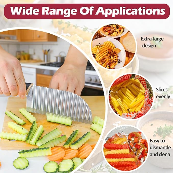 JAYVAR Large Crinkle Cutter Wave Potato Slicer, Stainless Steel French Fry Cutter Wavy Chopper, Vegetable Crinkle Cutting Tool with Handle for Cucumber, Kitchen Dicer Gadgets, Kitchen Veggie Slicer