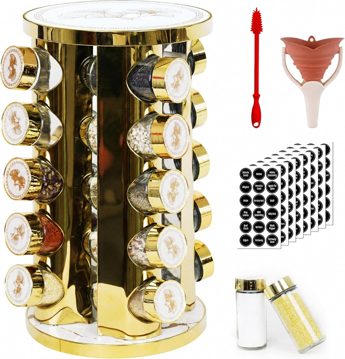 360-Rotating Kitchen countertop Stainless Steel Spice Rack, Apricot Leaf Appearance Pattern, Equipped with 20 Food Grade Glass cans (Gold + White, Five Floors of 20 Spice cans)
