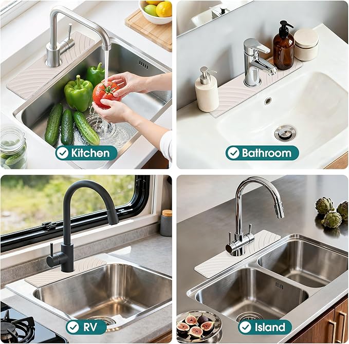 Quick Dry Stone Faucet Mat for Kitchen Sink - 15.8"x3.9" Natural Diatomite Stone Drying Mat for Kitchen Counter Bathroom Dish Dry Mat Auto Drainage Sink Protector (White)