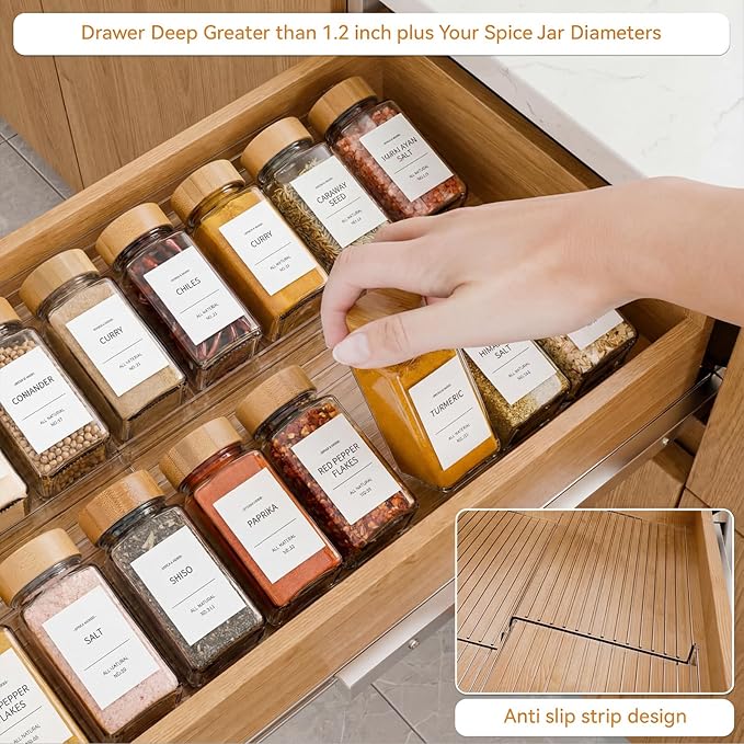 LETGO 8 Pack Adjustable Spice Rack for Drawer- Expandable From 11" to 22" Expandable Spice Drawer Organizer 4 Tiers Acrylic Seasoning Organizer Rack,Clear Spice Rack Tray for Spices,Condiment (8)