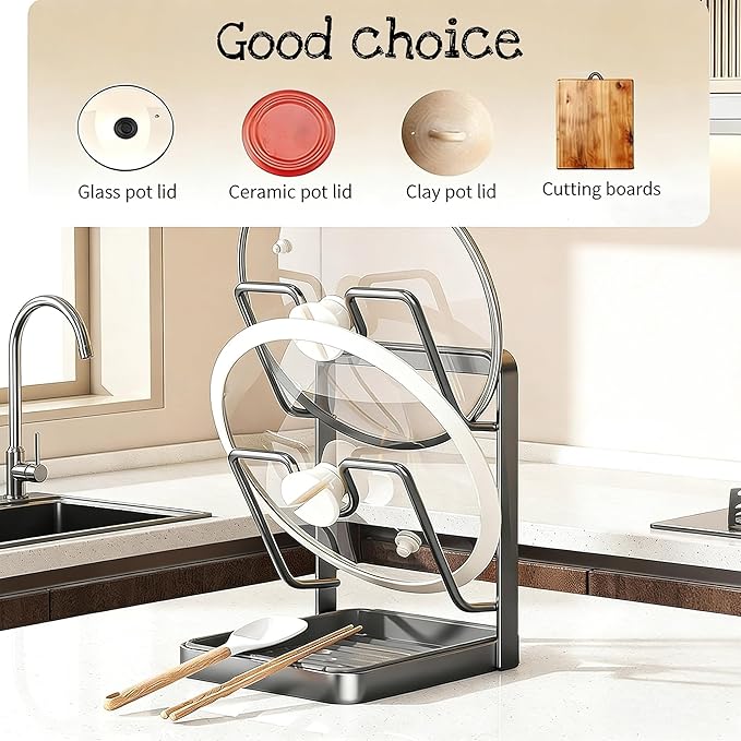 Kitchen Pot Lid Storage Rack, Pot Lid Holder for Countertop, Pot Lid Organizer Rack with Tray, Lid And Spoon Rest, Multifunctional Stand for Stove Top Kitchen Accessories (Gray, Single-layer)