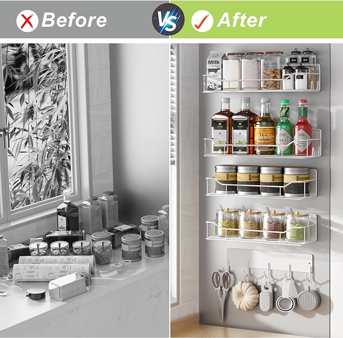 Magnetic Spice Rack for Refrigerator, 5 Pack Metal Strong Magnet Spice Organizer Shelves with Hook Rack