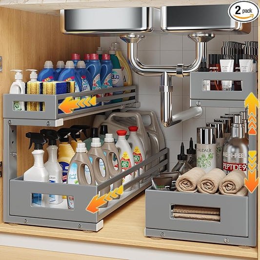 2-Pack 20.47"Deep Under Sink Organizer And Storage,2-Tier L-Shaped Pull Out Cabinet Organizer with Upgraded Slide Rails,Height Adjustable Drawers for Kitchen&Bathroom,Extra-Large Storage Shelves–Gray