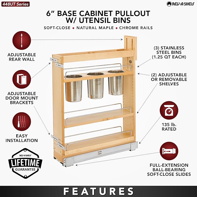 Rev-A-Shelf Maple Pullout Utensil Organizer with 3 Bins & BLUM Soft-Close Full Extension Slides, for Full-Height Base Cabinets, Adjustable Shelves, Min Opening Width of 5.5", 448UT-BCSC-5C