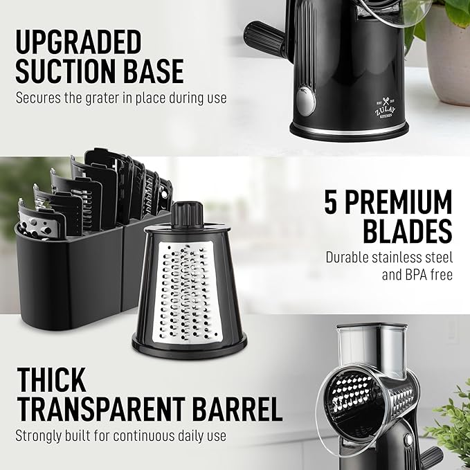 Zulay Kitchen Rotary Cheese Grater 5 Blade Cheese Shredder - Manual Hand Crank Cheese Grater With Reinforced Suction & 5 Interchangeable Drums - Easy to Use, Vegetable Chopper Round Mandoline Slicer