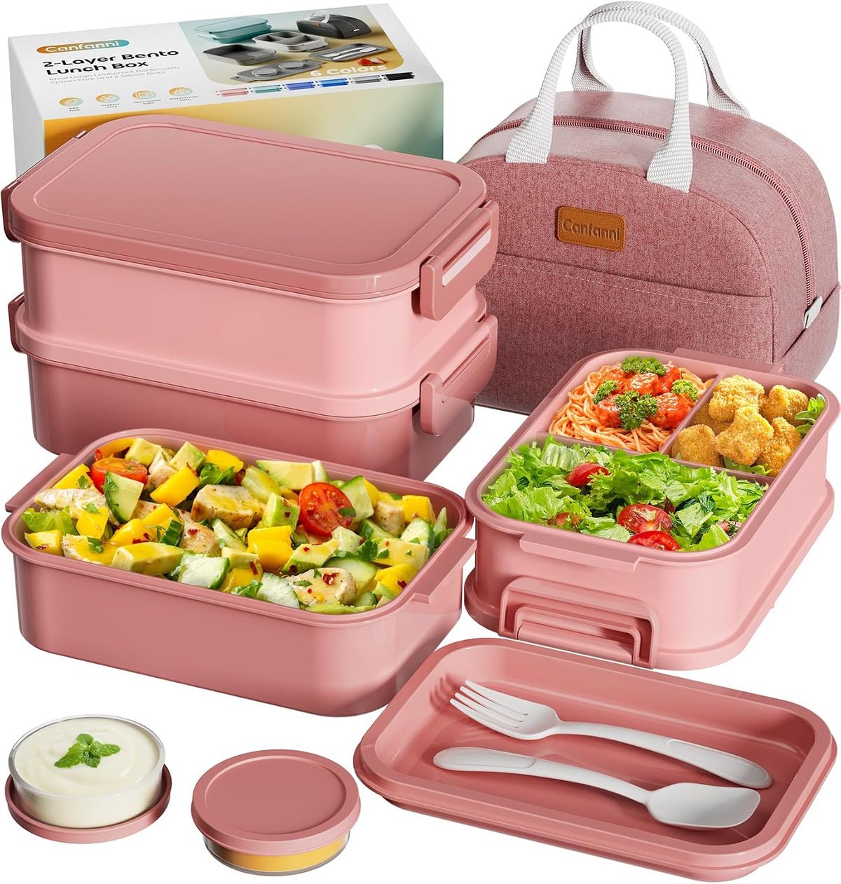 Adults Bento Box with Thermo Bag, 74oz Capacity 3 Stackable, Pink
