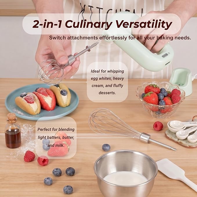 Colorful Mini Cordless Hand Mixer, Self-Standing USB Rechargeable Handheld Egg Beater with 4 Speeds & 2 Whisks, Lightweight Portable Electric Whisk for Kitchen Baking and Cooking(White)