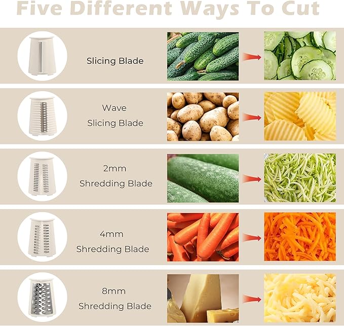 ZHANG XIAO QUAN SINCE 1628 Rotary Cheese Grater, Cheese Shredder with Stable Suction Base, Labor-Saving Vegetable Slicer for Kitchen, Mandoline Slicer & Food Chopper & Kitchen Prep Tool, 5-in-1, Beige
