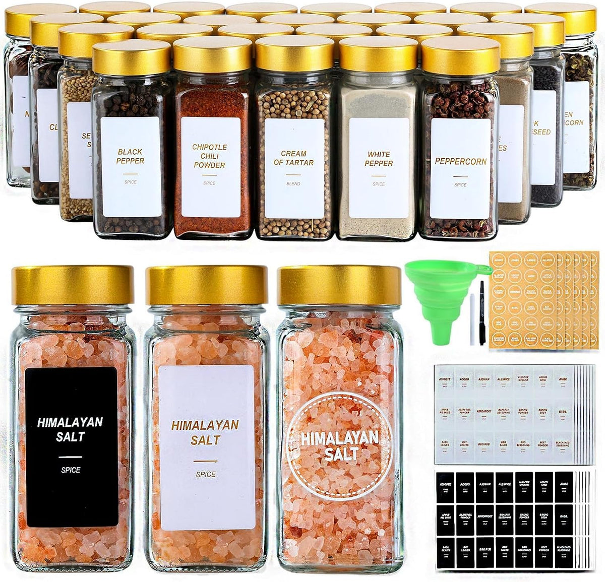 48 Gold Spice Jars with Labels, 4oz Seasoning Jars for Cabinets, Drawers