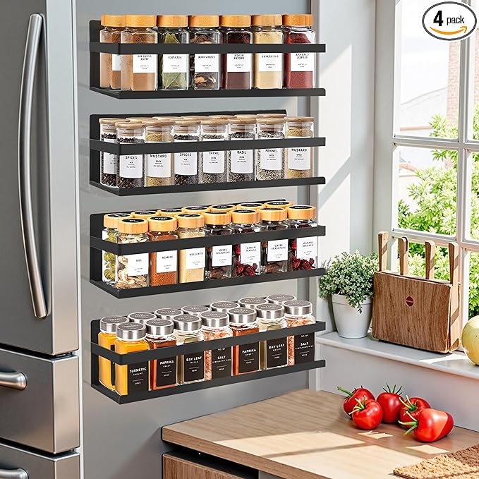 SMRCAD Metal Magnetic Spice Rack for Refrigerator, 4 pack Magnetic Shelf for Fridge Space Saving Seasoning Organizer for Any Metal Surface No Drilling Needed (BLACK -cut out, 4pack)