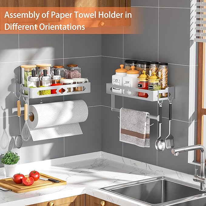 Paper Towel Holder Wall Mount, MAYZOLOP Easy One-Hand Tear Design Paper Towel Holder with 2 Hooks, Fits Kitchen, RV, Bathroom, Self-Adhesive or Drilling Installation, Silver
