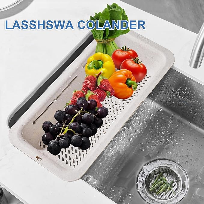 LASSHSWA Collapsible Colander for Kitchen, Over the Sink Strainer Basket for Kitchen, Fruit Pasta Food Strainer Expandable Plastic Colander BPA Free (Straw)