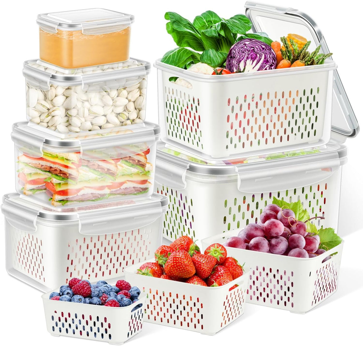 12 Pieces Fruit Storage Containers for Fridge Organizers and Storage, 6 Pack Large Produce Saver with Airtight Lid & Colander for Berry Lettuce Salad Vegetable Storage, Refrigerator Organizer