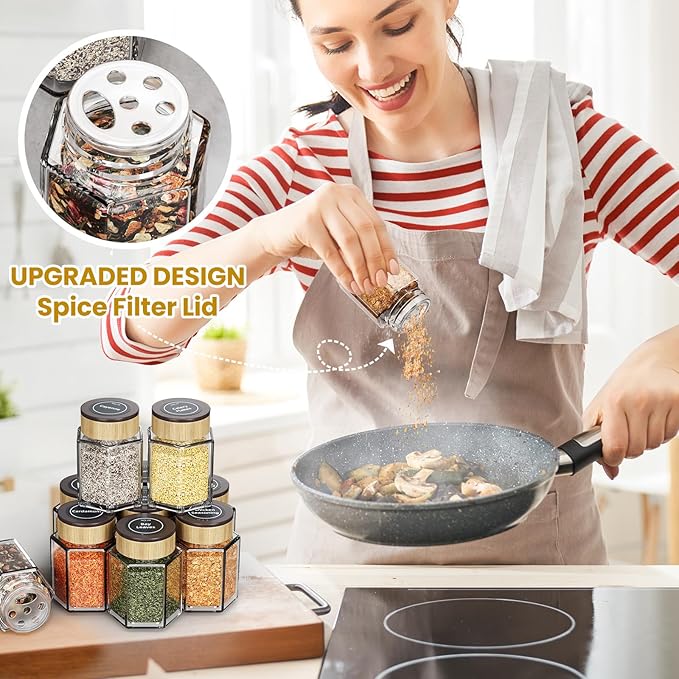 Vetacsion Set of 18 Magnetic Glass Spice Tins with 100 Preprinted Seasoning Label Stickers (Include Black Metal Wall-Plates)