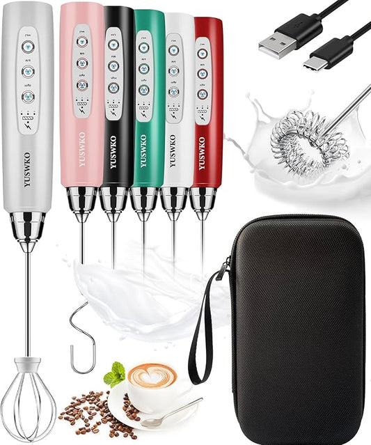 YUSWKO Rechargeable Milk Frother for Coffee, Handheld Drink Mixer with 3 Heads 3 Speeds, Ideal Coffee Frother Wand for Travel - Silver