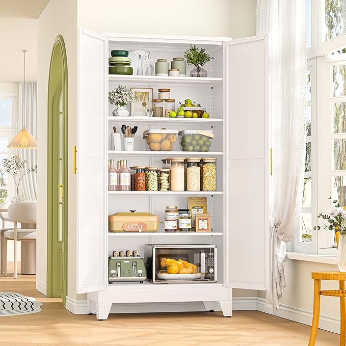 GAIOUS 75.2" Tall Metal Storage Cabinet with 2 Doors and 5 Adjustable Shelves, New upgrade Kitchen Pantry Cabinet, White Freestanding Cupboard, 6 Tier Steel Storage for Office, Kitchen, Dining, Garage