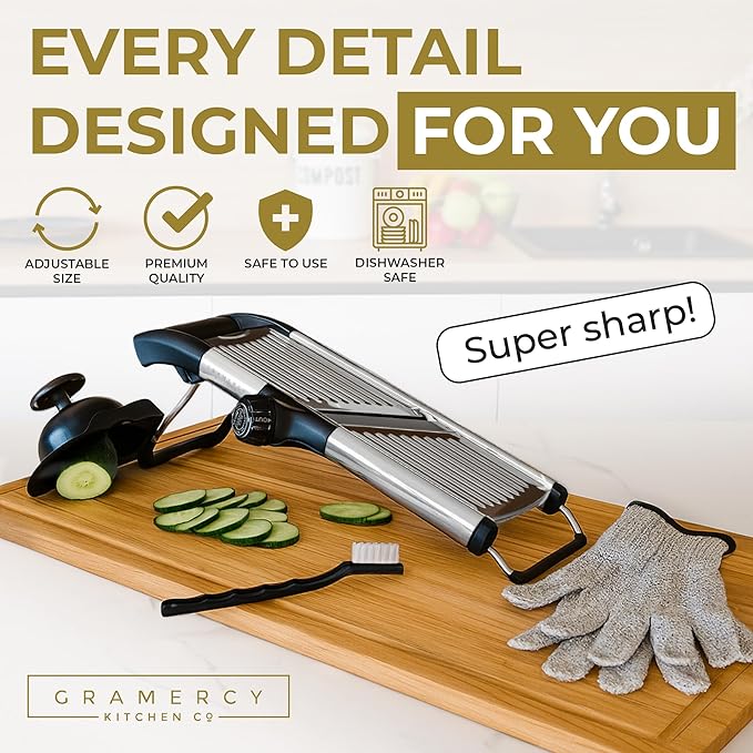 Gramercy Adjustable Mandoline Food Slicer, Mandoline Slicer for Kitchen, Mandolin, Potato, Tomato, Carrot, Vegetable, Fruit and Onion Cutter - Stainless Steel - INCLUDING 1 Pair Cut-Resistant Gloves