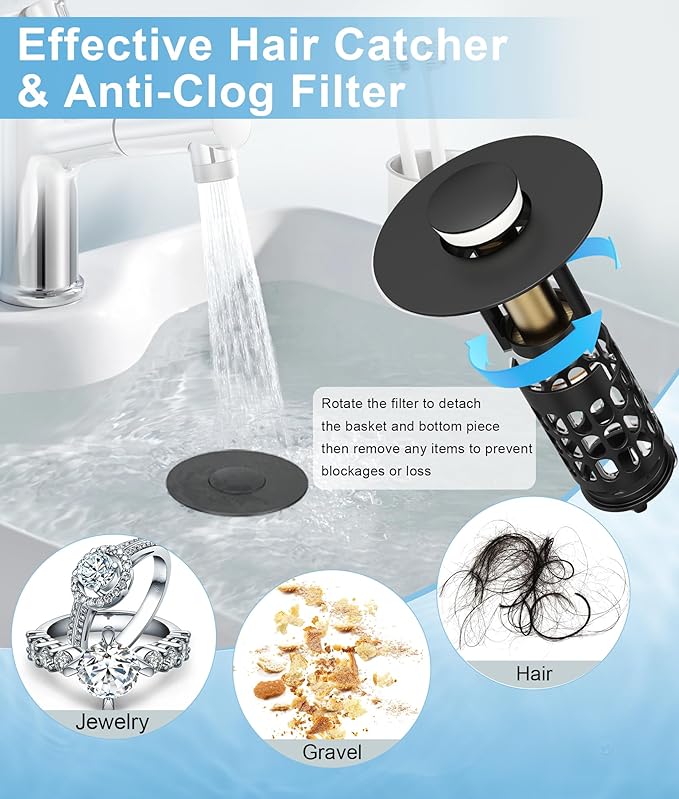 QYHNYJF Upgraded Bathroom Sink Stopper with Hair Catcher - Universal Pop-Up Drain Plug, Stainless Steel & Silicone Seal for 1.1-1.5 Inch Drains, Matte Black Finish (Matte Black)